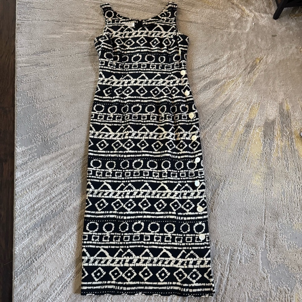 Vintage Maggy London midi dress black ivory 100% Silk side Buttons 6